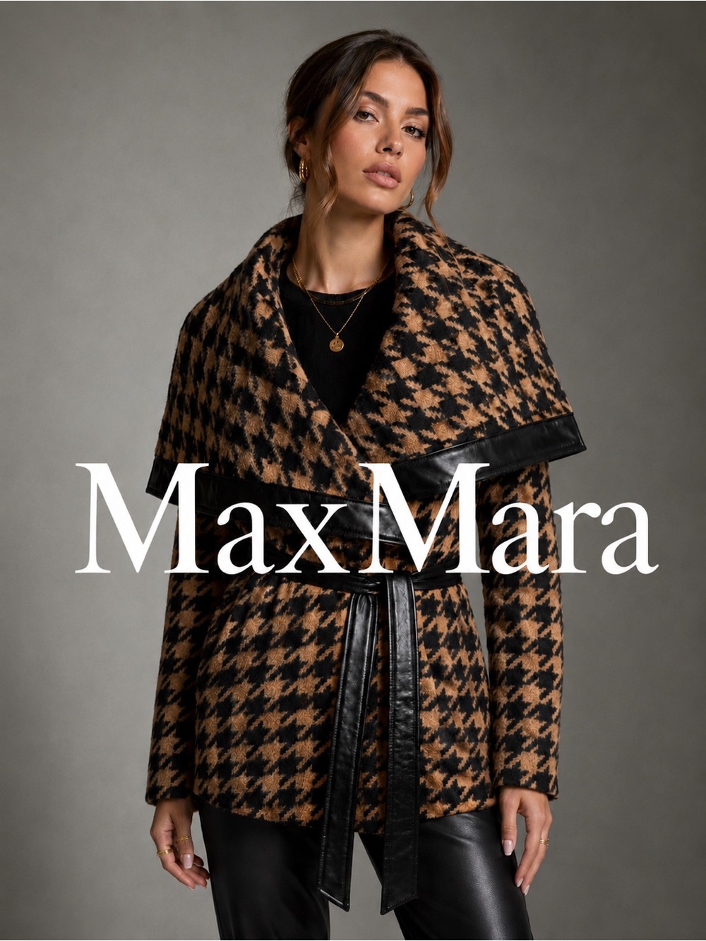 Max Mara Made Italy Houndstooth Belted Wrap Coat Leather Trim Size 8